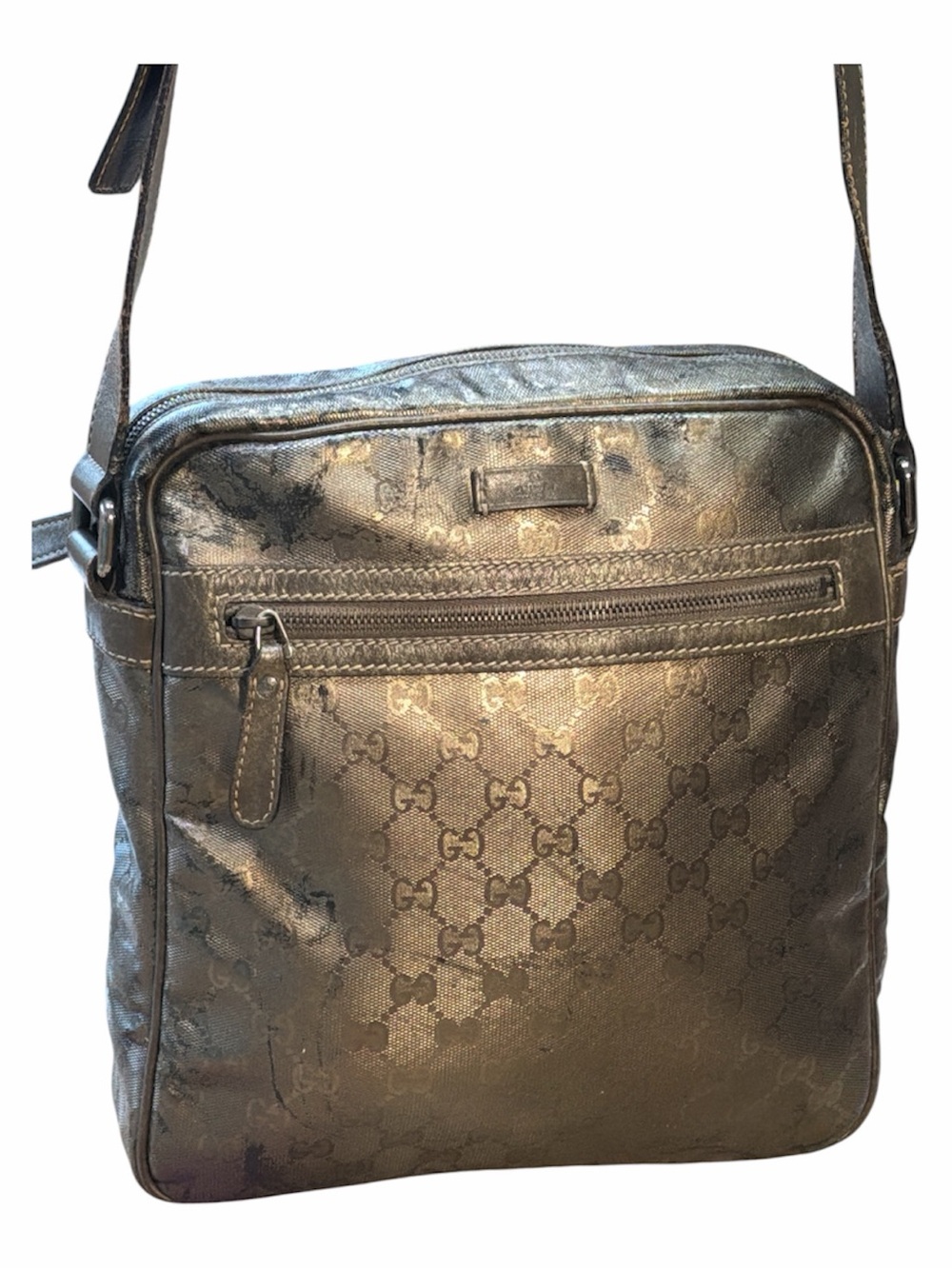 Gucci GG Crystal Messenger Bag Metallic Bronze Monogram Crossbody)